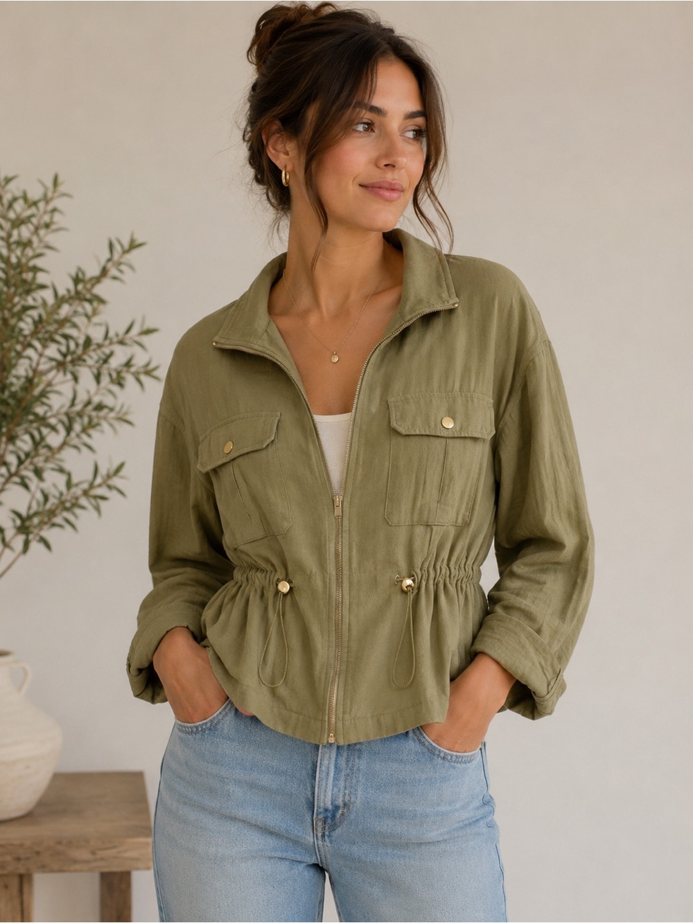 Zara linen blend  lightweight jacket with front zipper and pockets